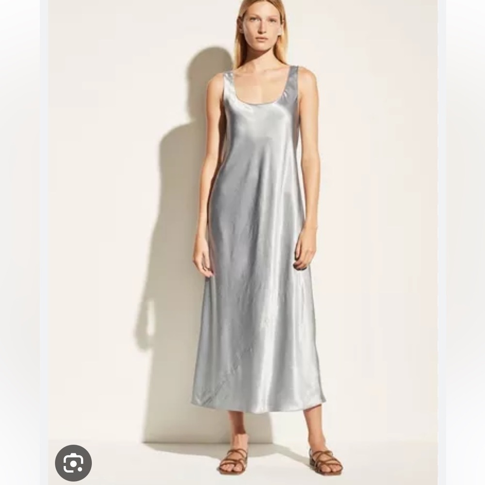 NEW VINCE Satin Square Neck Tank Midi Dress Piero Blue Size XXS